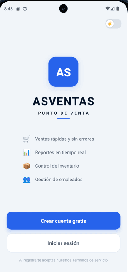 Pantalla de bienvenida de ASVENTAS